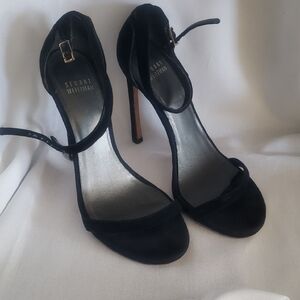 Stuart Weitzman Nudist Black Suede Open-Toe Ankle-Strap Stilettos 5" 6.5